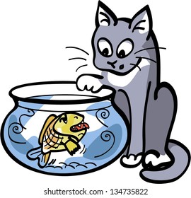 cartoon cat trying to catch a fish that is too hungry