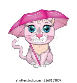 Cartoon cat with an umbrella in the rain. Autumn is coming. Cute child character, symbol of 2023 new chinese year