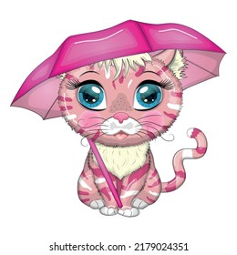 Cartoon cat with an umbrella in the rain. Autumn is coming. Cute child character, symbol of 2023 new chinese year