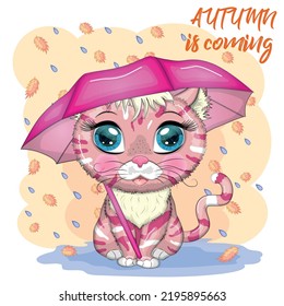 Cartoon cat with an umbrella in the rain. Autumn is coming. Cute child character, symbol of 2023 new chinese year