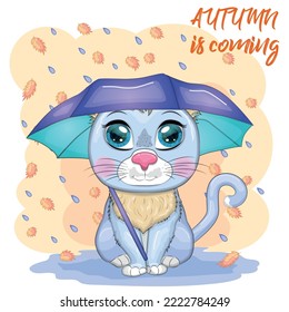 Cartoon cat with an umbrella in the rain. Autumn is coming. Cute child character, symbol of 2023 new chinese year