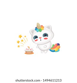 Cartoon cat unicorn blowing candles on birthday cake, cute happy white kitten with rainbow horn and tail having a party, sweet childish vector sticker illustration isolated on white background