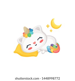 Cartoon cat unicorn sleeping, cute funny kitten with rainbow horn and tail taking a nap on pillow under moon and stars, funny sticker with fantasy pet vector illustration isolated on white background