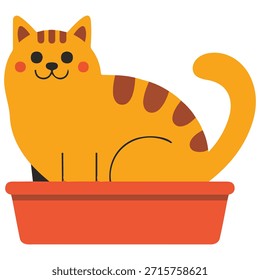 Gato de desenhos animados usando caixa de ninhada com ferramenta de colher ilustração vetor isolado no fundo branco