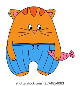 Cartoon cat, vector, with fish and in blue pants, red cat