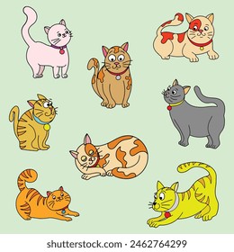 cartoon cat vector in pose with background green color for animal pet lovers 