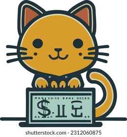 A cartoon cat in vector style, holding a dollar bill with a mischievous grin, exuding an air of feline financial prowess.