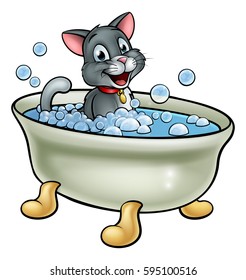A cartoon cat washing in the bath with bubbles