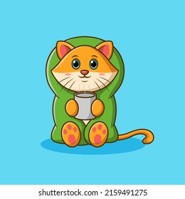 Cartoon cat wearing blanket and warm drink. Vector illustration