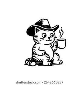 A cartoon cat wearing a cowboy hat and holding a steaming coffee cup