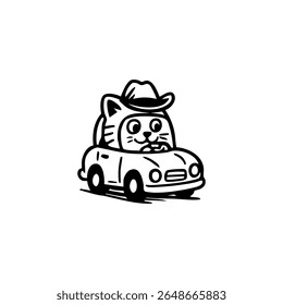 Cartoon cat wearing a cowboy hat drives a small car