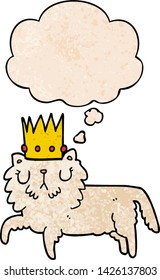 cartoon cat wearing crown with thought bubble in grunge texture style
