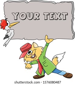 Cartoon cat wearing a green coat,red hat and a red bow tie holding a blank banner in his hands vector illustration