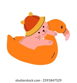 Cartoon cat wearing a hat, floating on an orange raft, enjoying a relaxing and fun summer adventure on the water