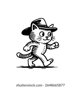 Cartoon cat wearing a hat, walking