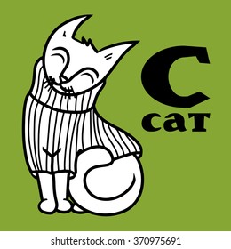 Cartoon cat wearing pullover. Letter c. Part of animals alphabet. Coloring black and white.