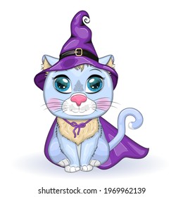 Cartoon cat wearing a purple witch hat and cloak. Halloween poster