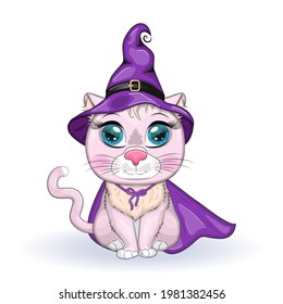 Cartoon cat wearing a purple witch hat and cloak. Halloween poster