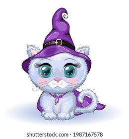 Cartoon cat wearing a purple witch hat and cloak. Halloween poster