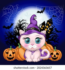 Cartoon cat wearing a purple witch hat and cloak with a broom, potion or pumpkin. Against the background of the castle, the moon, flying mice. Halloween poster