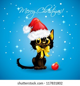 Cartoon Cat Wearing a Santa Claus Hat. Greeting Card in vector. Text on a separate layer.