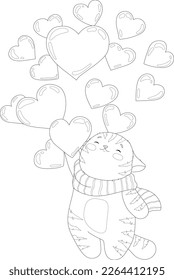 Cartoon cat wearing scarf with hearts sketch template. St. valentine's day graphic vector illustration in black and white for games, background, pattern, decor. Coloring paper, page, kids story book 