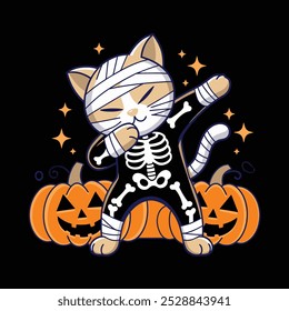 A cartoon cat wearing a skeleton costume and bandages is dabbing in front of two pumpkins.