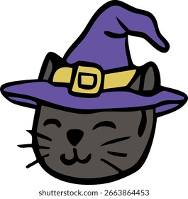 Gato de dibujos animados con un sombrero de bruja. Feliz Halloween