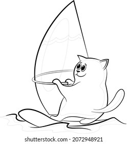 Cartoon Cat Windsurfer Sailing on the Sea Waves, Black Contours Isolated on White Background. Vector