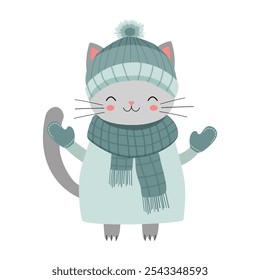 Cartoon cat in winter clothes. Illustration with hand drawn doodle cat. Thickly clothed pet. 