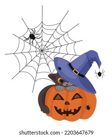 Cartoon cat in a witch hat is hiding behind a pumpkin, a spider web is in the background. Halloween decor.
