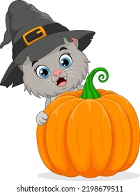 Cartoon cat in a witch hat with pumpkin