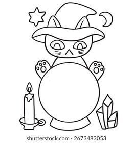 Gato de dibujos animados Mago Con Bola de Cristal.