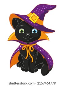 Cartoon cat wizard with different colored eyes for Halloween. Cartoon vector illustration