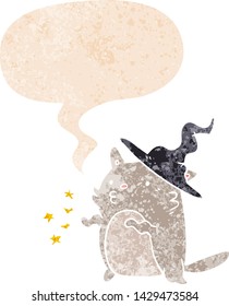 cartoon cat wizard with speech bubble in grunge distressed retro textured style