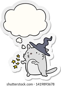 cartoon cat wizard with thought bubble as a printed sticker