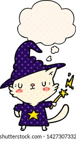 cartoon cat wizard with thought bubble in comic book style