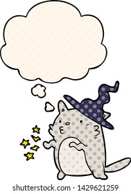 cartoon cat wizard with thought bubble in comic book style