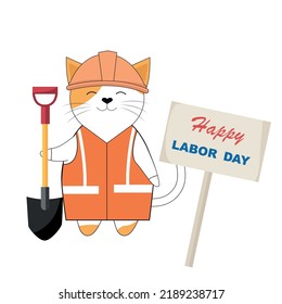 Ingeniero de caricaturistas con palas y placas con letras del día laboral