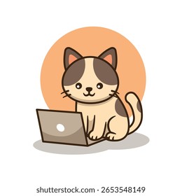 Cartoon Cat Working On A Laptop, Cat Working From Home. Happy Cat Day Vector Illustration.