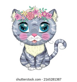 Cartoon cat with a wreath. Spring is coming. Cute child character, symbol of 2023 new chinese year.