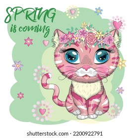 Cartoon cat with a wreath. Spring is coming. Cute child character, symbol of 2023 new chinese year.