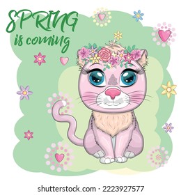 Cartoon cat with a wreath. Spring is coming. Cute child character, symbol of 2023 new chinese year.