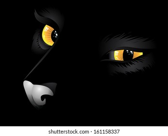 Cartoon cat with yellow eyes on black background.