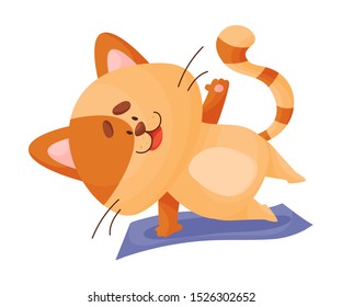 Cartoon cat yogi stands sideways on one arm. Vector illustration.