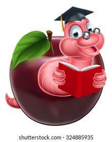 Cartoon caterpillar bookworm worm or caterpillar reading a book and coming out of an apple and wearing glasses and mortar board graduation cap