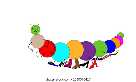 a cartoon caterpillar centipede in colorful shoes. Lots of shoes on legs. Vector