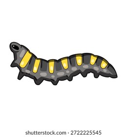 Carácter de la oruga de la historieta que muestra el cuerpo segmentado con las rayas negras y amarillas, que representan el crecimiento natural, la transformación, y la fauna del jardín en un fondo blanco
