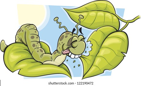 Cartoon caterpillar eats a leaf