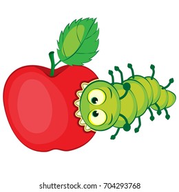 Cartoon caterpillar gnaws apple